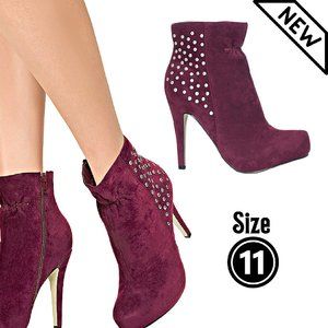 BRAND NEW IN BOX Burgundy Red Silver Studded Bootie Boots - Size 11